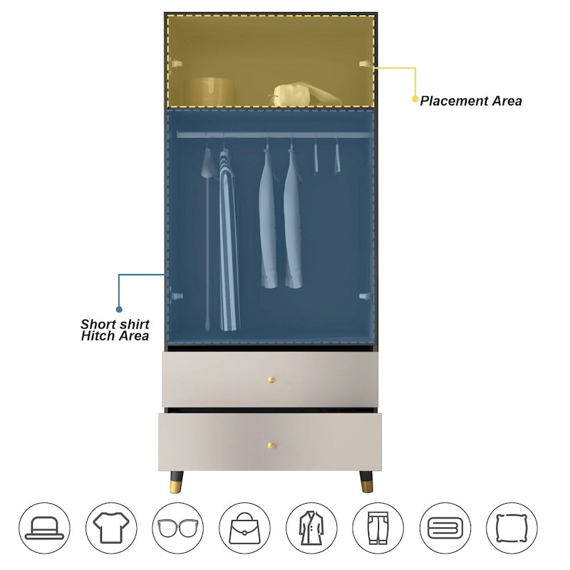 Armoire grise/marron/blanche avec 2 tiroirs et tringle à vêtements, 1 personne