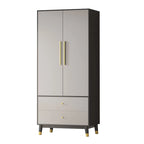 Armoire grise/marron/blanche avec 2 tiroirs et tringle à vêtements, 1 personne