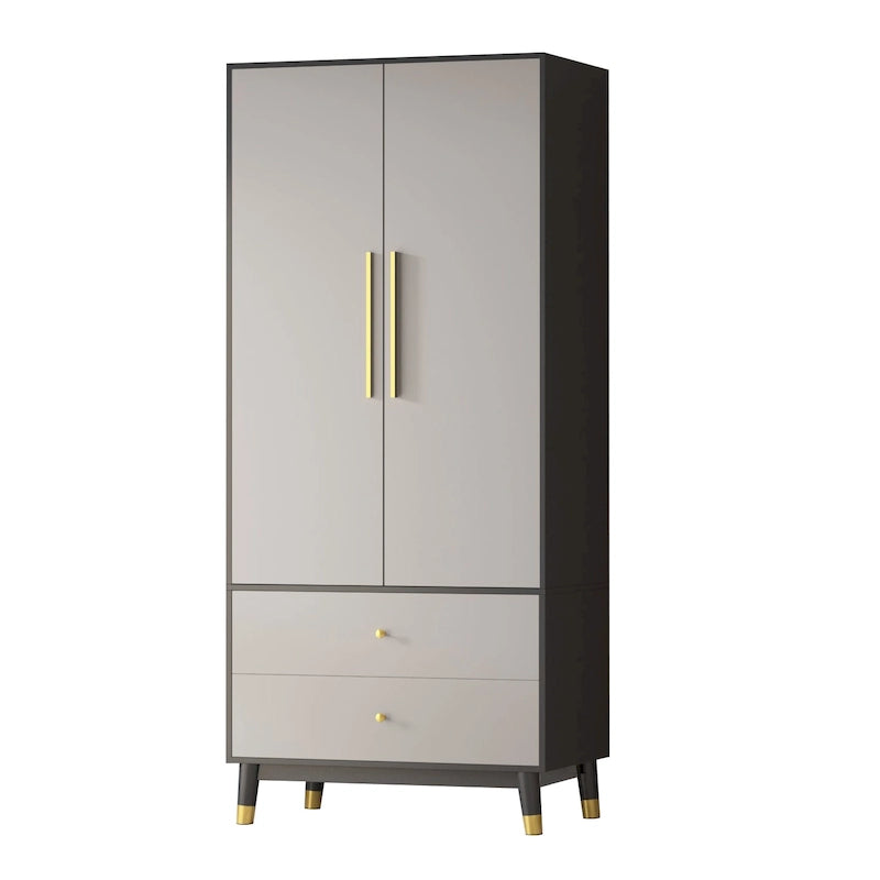Armoire grise/marron/blanche avec 2 tiroirs et tringle à vêtements, 1 personne