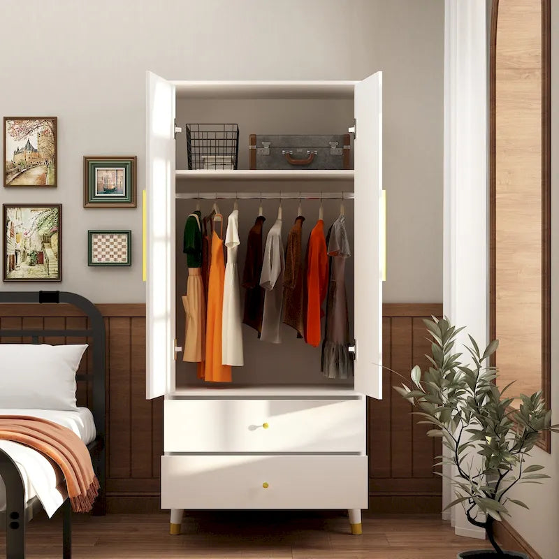 Armoire grise/marron/blanche avec 2 tiroirs et tringle à vêtements, 1 personne