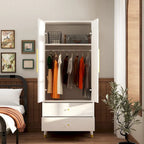 Armoire grise/marron/blanche avec 2 tiroirs et tringle à vêtements, 1 personne