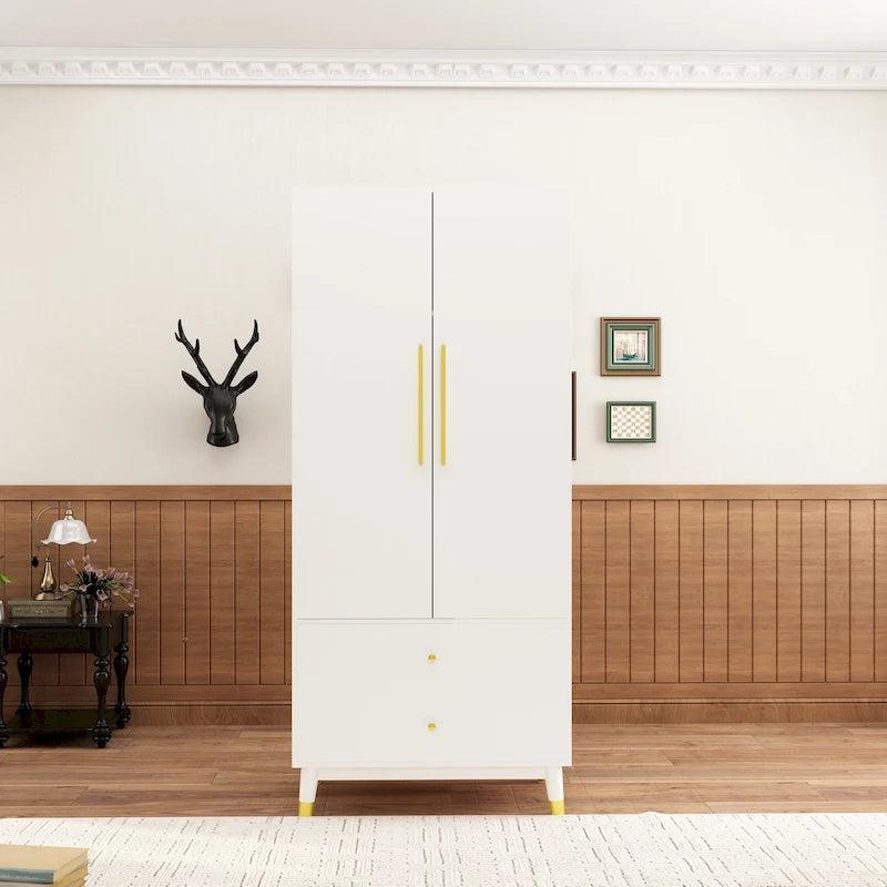 Armoire grise/marron/blanche avec 2 tiroirs et tringle à vêtements, 1 personne