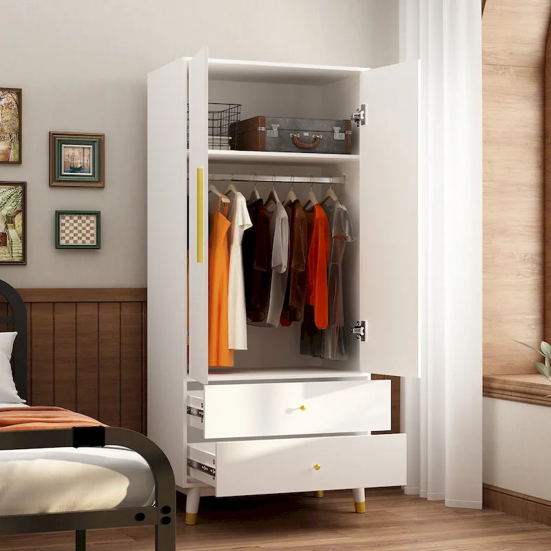 Armoire grise/marron/blanche avec 2 tiroirs et tringle à vêtements, 1 personne