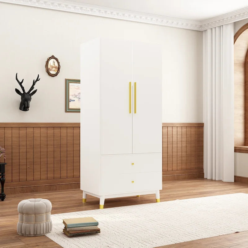 Armoire grise/marron/blanche avec 2 tiroirs et tringle à vêtements, 1 personne