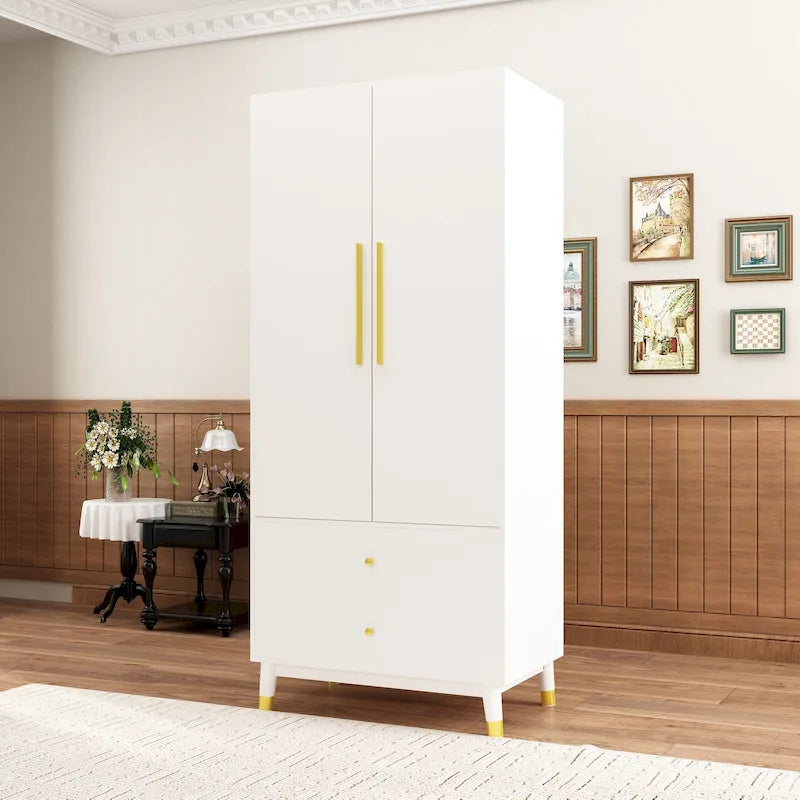 Armoire grise/marron/blanche avec 2 tiroirs et tringle à vêtements, 1 personne