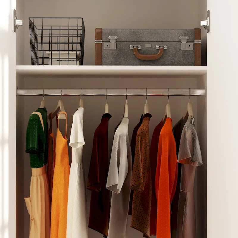 Armoire grise/marron/blanche avec 2 tiroirs et tringle à vêtements, 1 personne