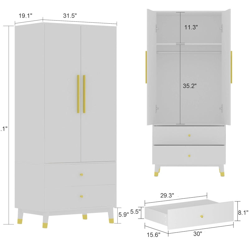 Armoire grise/marron/blanche avec 2 tiroirs et tringle à vêtements, 1 personne