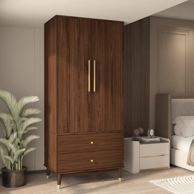 Armoire grise/marron/blanche avec 2 tiroirs et tringle à vêtements, 1 personne