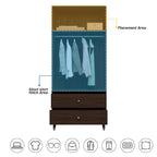 Armoire grise/marron/blanche avec 2 tiroirs et tringle à vêtements, 1 personne