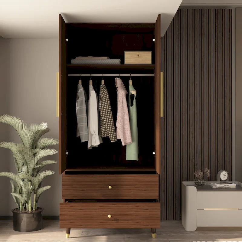 Armoire grise/marron/blanche avec 2 tiroirs et tringle à vêtements, 1 personne