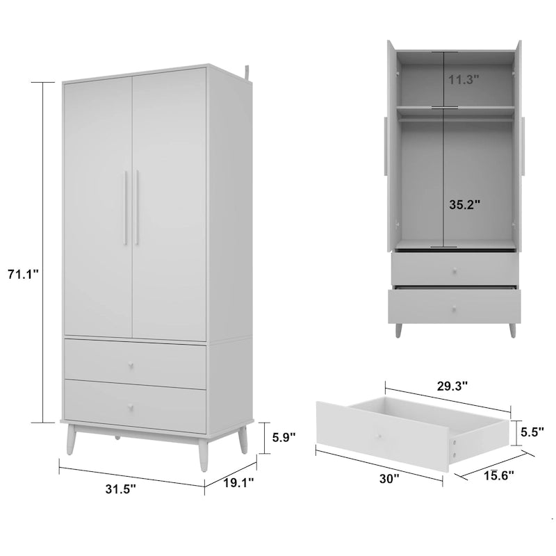 Armoire grise/marron/blanche avec 2 tiroirs et tringle à vêtements, 1 personne