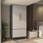 Armoire grise/marron/blanche avec 2 tiroirs et tringle à vêtements, 1 personne