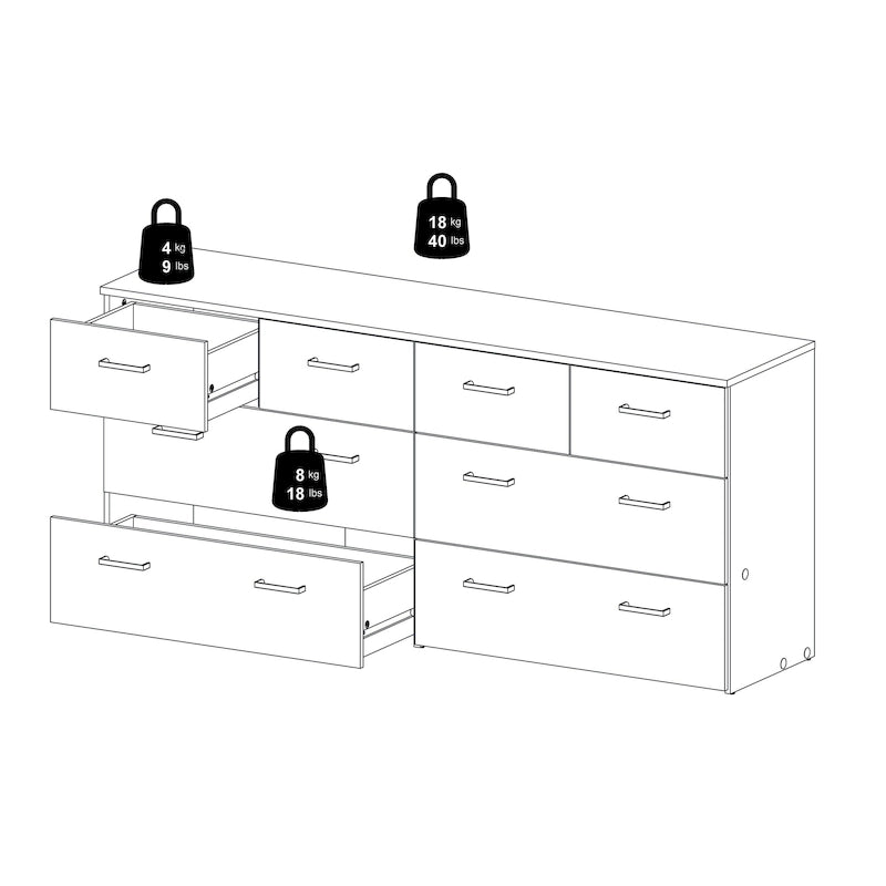 Commode double large scandinave Oak & White à 8 tiroirs avec finition en aluminium pour 1