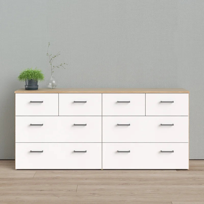 Commode double large scandinave Oak & White à 8 tiroirs avec finition en aluminium pour 1