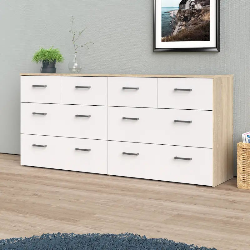 Commode double large scandinave Oak & White à 8 tiroirs avec finition en aluminium pour 1