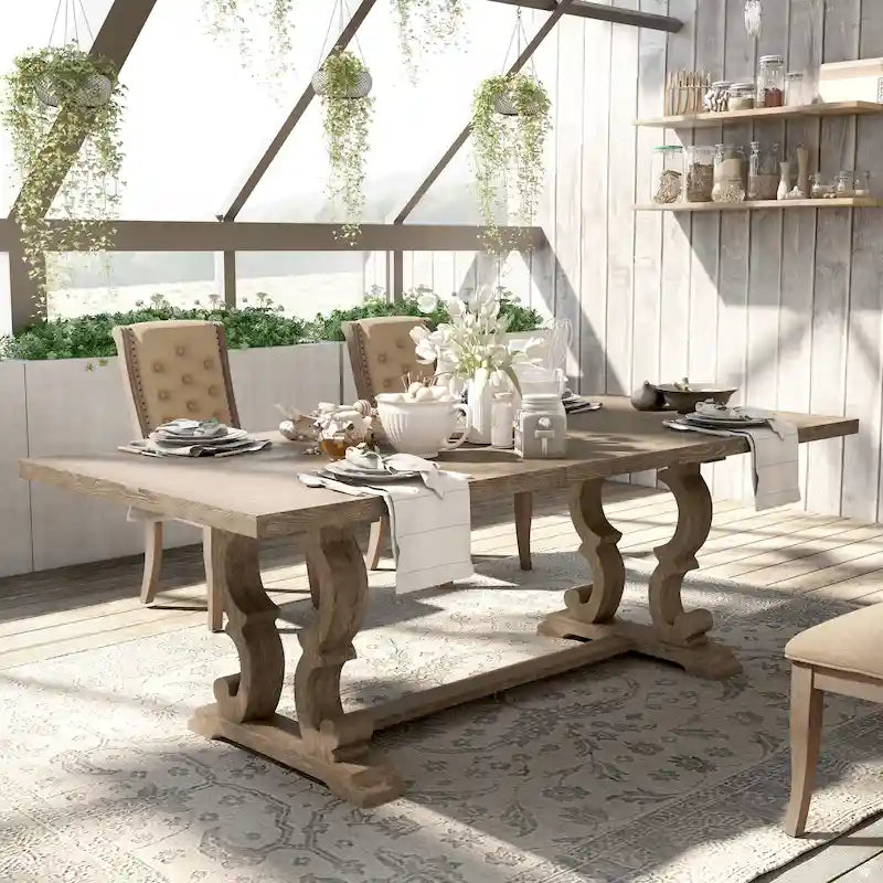 Table à manger extensible en bois, style chevalet rustique, ton naturel, 8 personnes