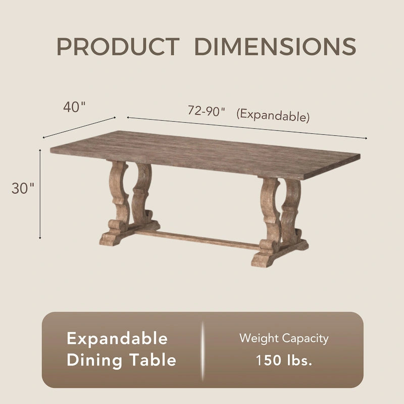 Table à manger extensible en bois, style chevalet rustique, ton naturel, 8 personnes