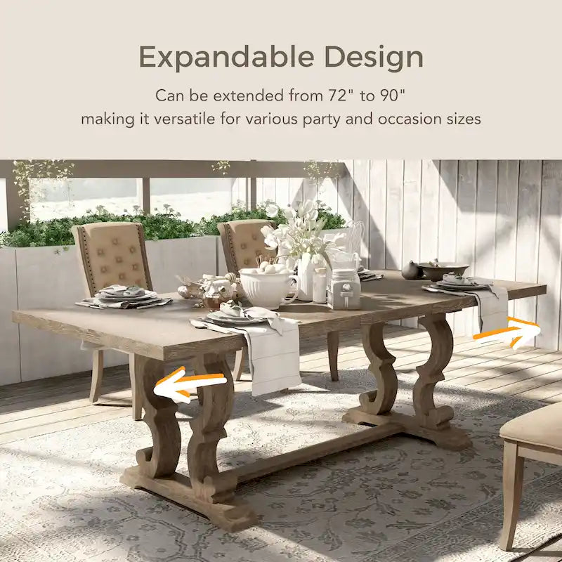 Table à manger extensible en bois, style chevalet rustique, ton naturel, 8 personnes