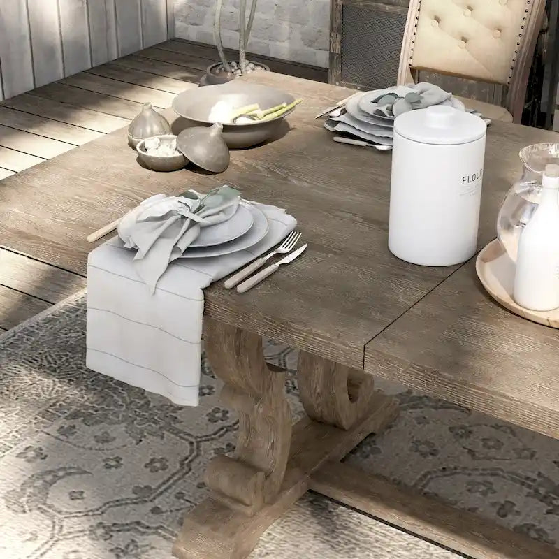 Table à manger extensible en bois, style chevalet rustique, ton naturel, 8 personnes