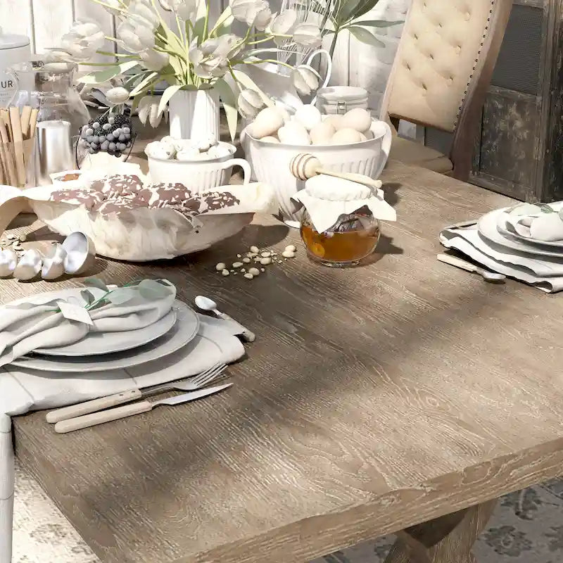 Table à manger extensible en bois, style chevalet rustique, ton naturel, 8 personnes