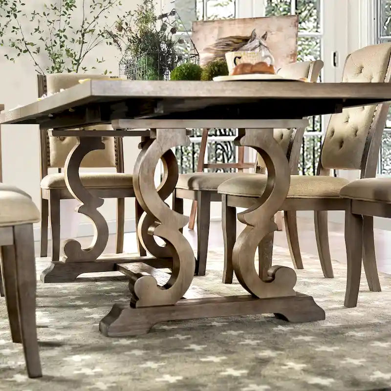 Table à manger extensible en bois, style chevalet rustique, ton naturel, 8 personnes