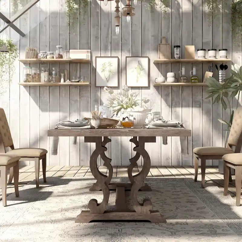 Table à manger extensible en bois, style chevalet rustique, ton naturel, 8 personnes