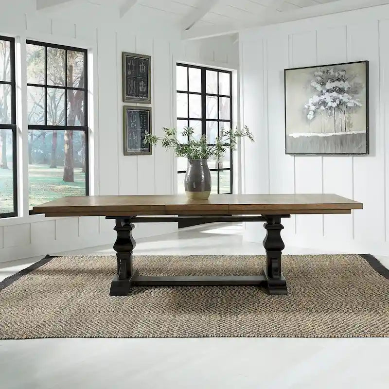 Table à manger à tréteaux en hévéa noir avec rallonge de 50 cm intégrée, 8 personnes