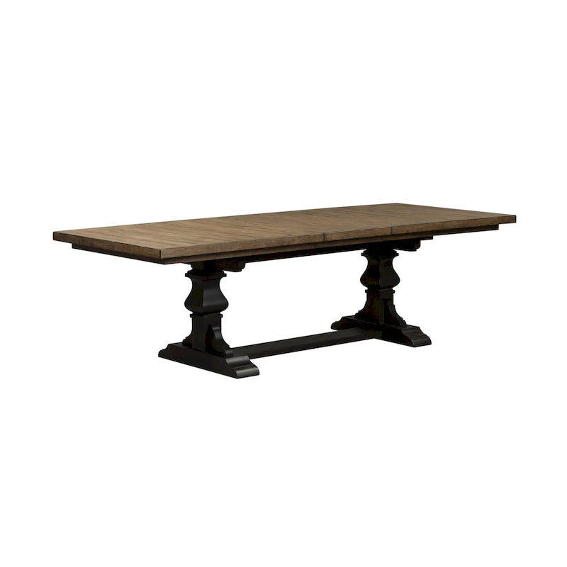 Table à manger à tréteaux en hévéa noir avec rallonge de 50 cm intégrée, 8 personnes