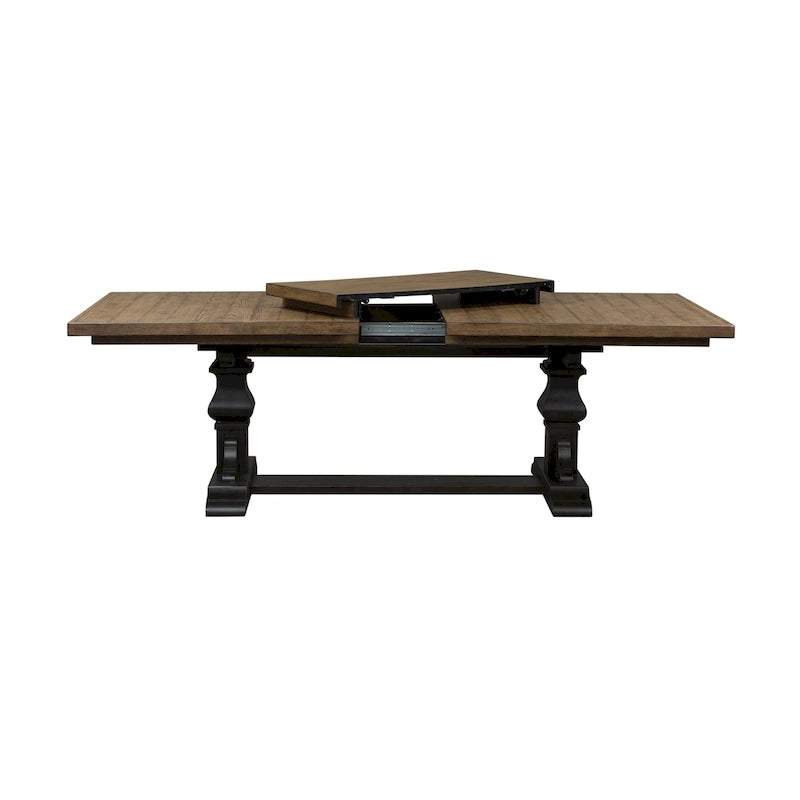 Table à manger à tréteaux en hévéa noir avec rallonge de 50 cm intégrée, 8 personnes