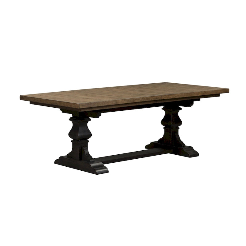 Table à manger à tréteaux en hévéa noir avec rallonge de 50 cm intégrée, 8 personnes