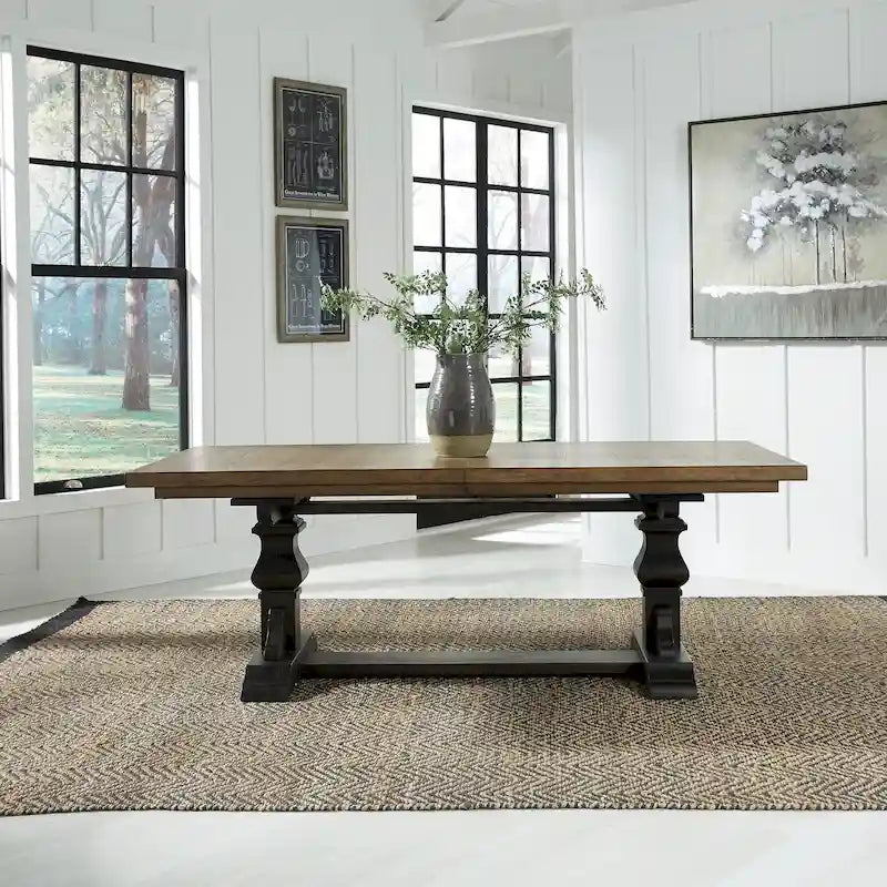 Table à manger à tréteaux en hévéa noir avec rallonge de 50 cm intégrée, 8 personnes