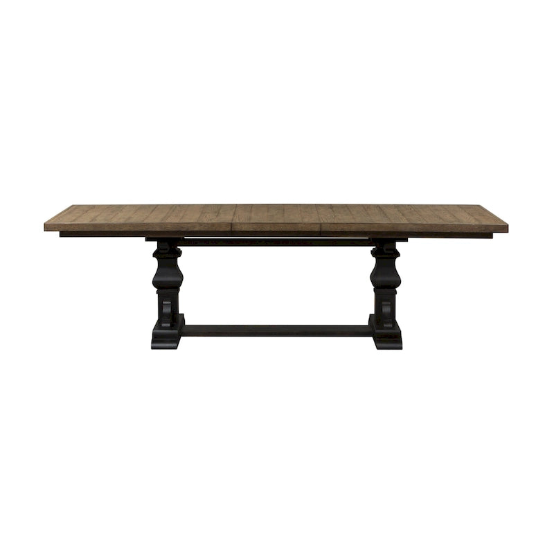Table à manger à tréteaux en hévéa noir avec rallonge de 50 cm intégrée, 8 personnes