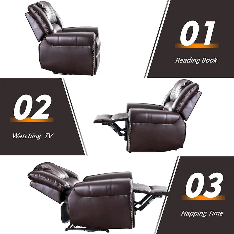 Fauteuil inclinable manuel en cuir respirant 2 couleurs avec clous décoratifs et cadre en acier pour 1 personne