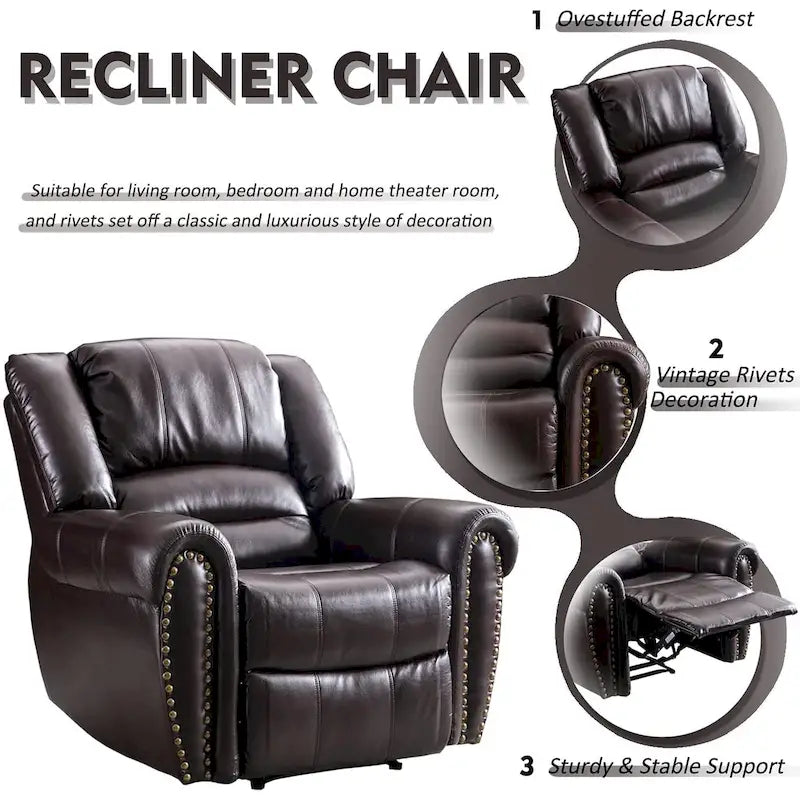 Fauteuil inclinable manuel en cuir respirant 2 couleurs avec clous décoratifs et cadre en acier pour 1 personne
