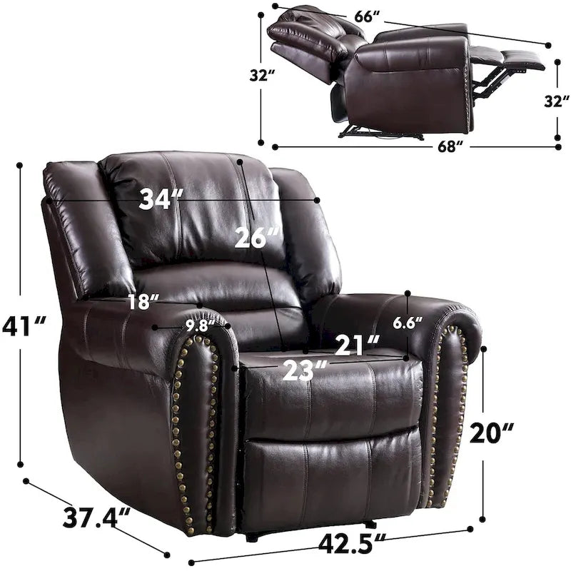 Fauteuil inclinable manuel en cuir respirant 2 couleurs avec clous décoratifs et cadre en acier pour 1 personne