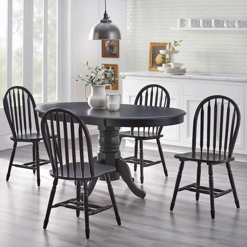 Ensemble de salle à manger rond sur pied avec chaises Windsor et rallonge, en chêne/blanc/gris/noir, 5 personnes