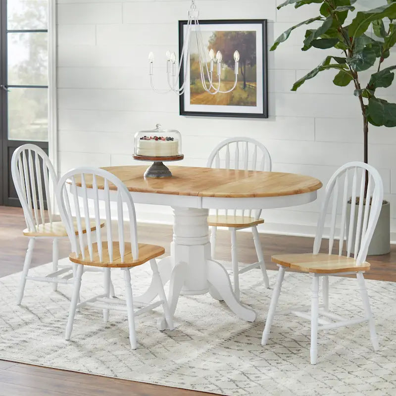 Ensemble de salle à manger rond sur pied avec chaises Windsor et rallonge, en chêne/blanc/gris/noir, 5 personnes