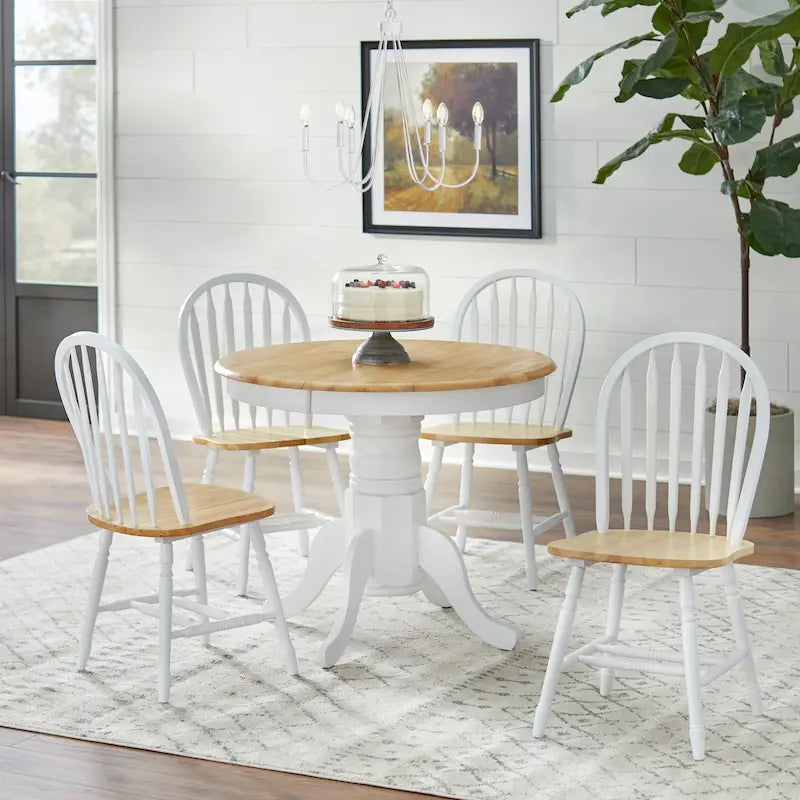 Ensemble de salle à manger rond sur pied avec chaises Windsor et rallonge, en chêne/blanc/gris/noir, 5 personnes