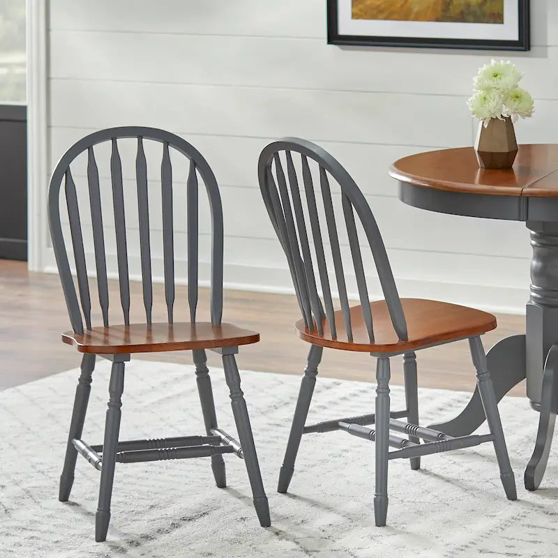 Ensemble de salle à manger rond sur pied avec chaises Windsor et rallonge, en chêne/blanc/gris/noir, 5 personnes