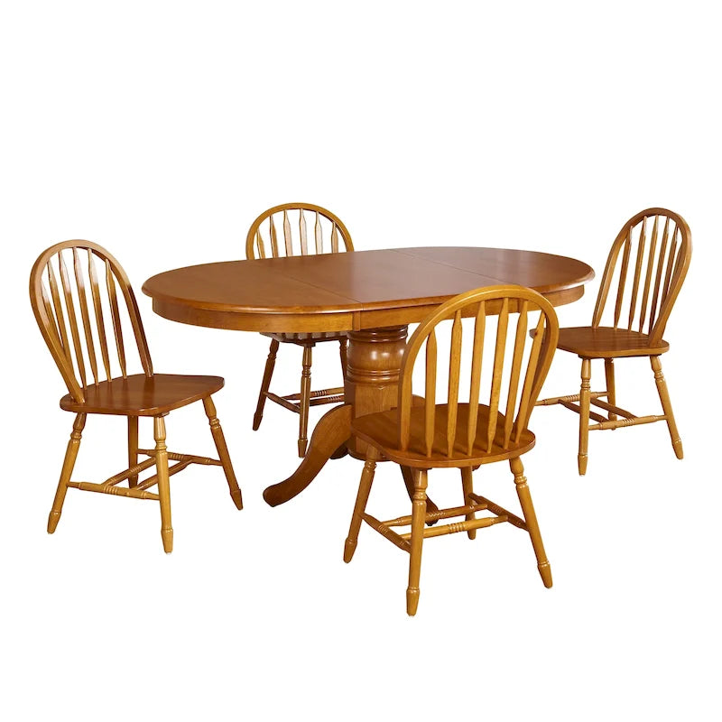 Ensemble de salle à manger rond sur pied avec chaises Windsor et rallonge, en chêne/blanc/gris/noir, 5 personnes