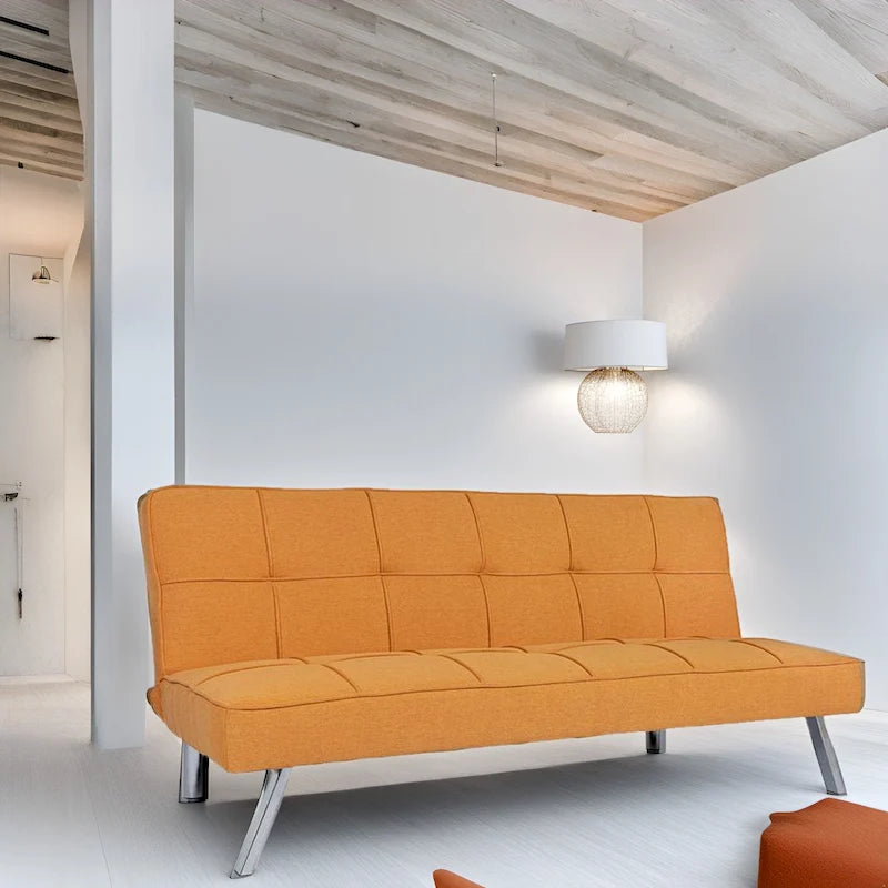 Canapé-lit futon convertible 2 places gris/mandarine/bleu marine/café