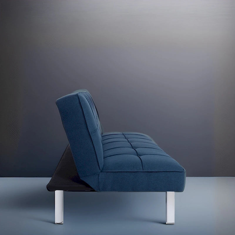 Canapé-lit futon convertible 2 places gris/mandarine/bleu marine/café