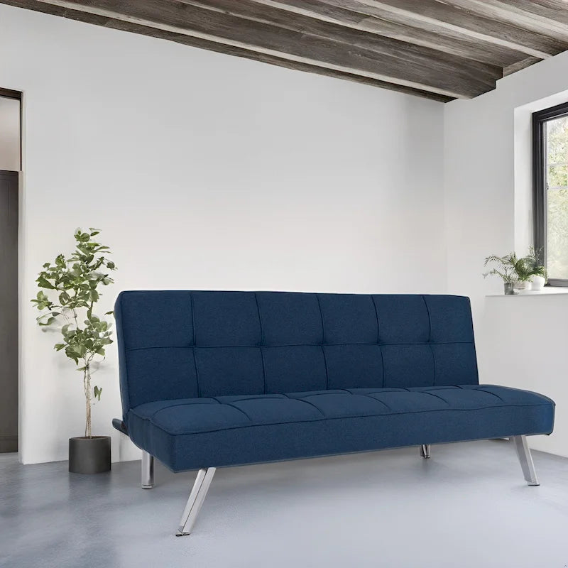 Canapé-lit futon convertible 2 places gris/mandarine/bleu marine/café