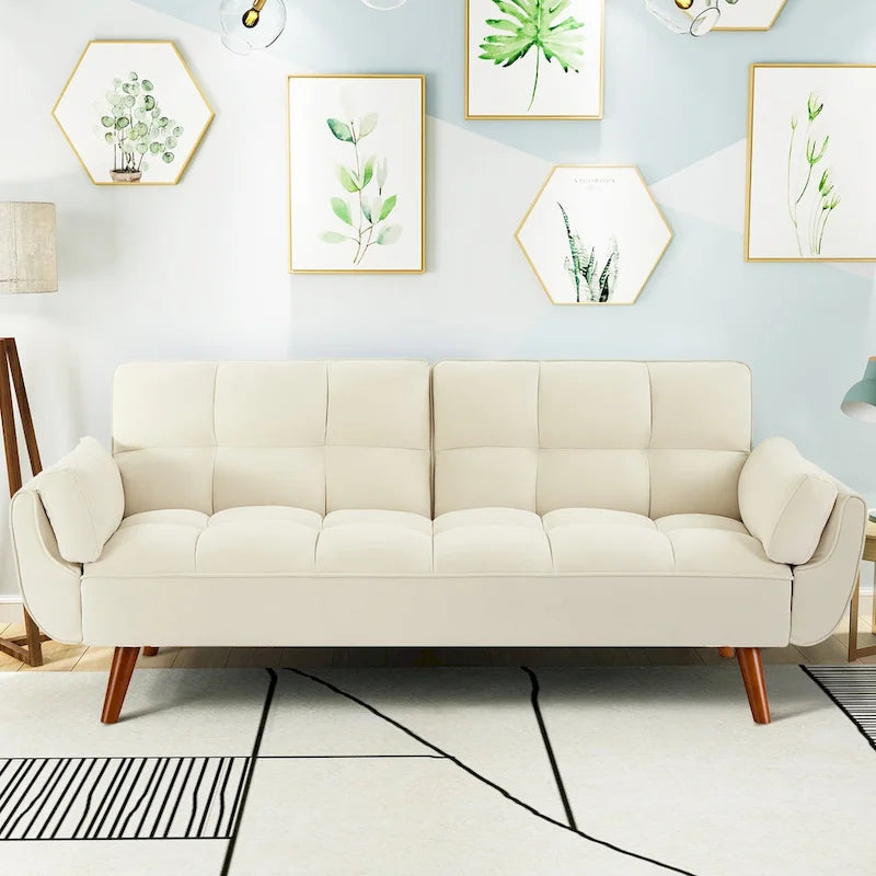 Canapé-lit futon convertible 4 couleurs avec dossier inclinable et 2 accoudoirs oreillers pour 2 personnes