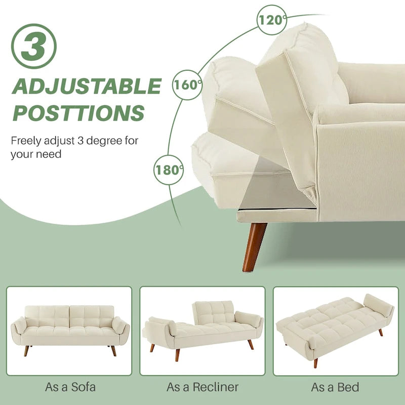 Canapé-lit futon convertible 4 couleurs avec dossier inclinable et 2 accoudoirs oreillers pour 2 personnes