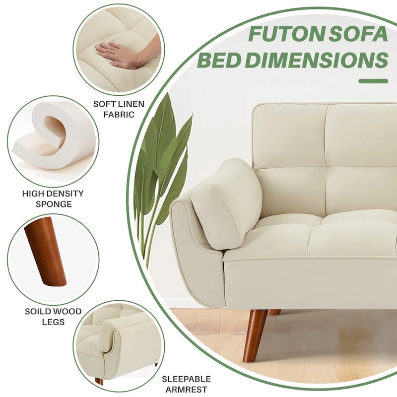 Canapé-lit futon convertible 4 couleurs avec dossier inclinable et 2 accoudoirs oreillers pour 2 personnes