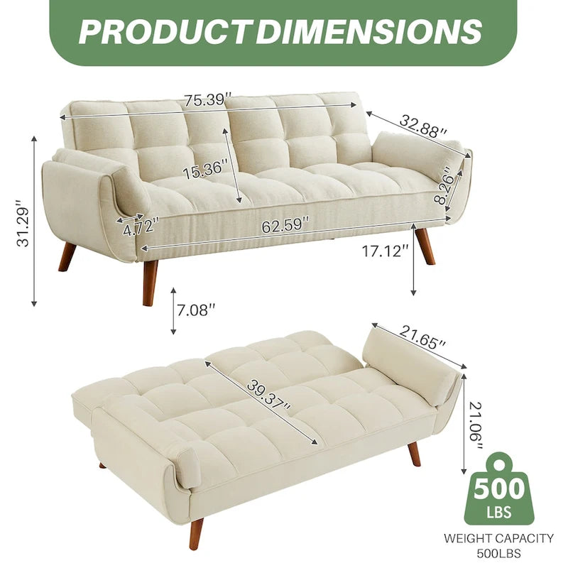Canapé-lit futon convertible 4 couleurs avec dossier inclinable et 2 accoudoirs oreillers pour 2 personnes