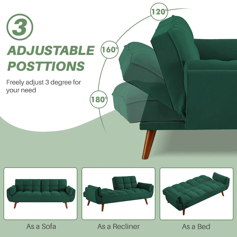 Canapé-lit futon convertible 4 couleurs avec dossier inclinable et 2 accoudoirs oreillers pour 2 personnes