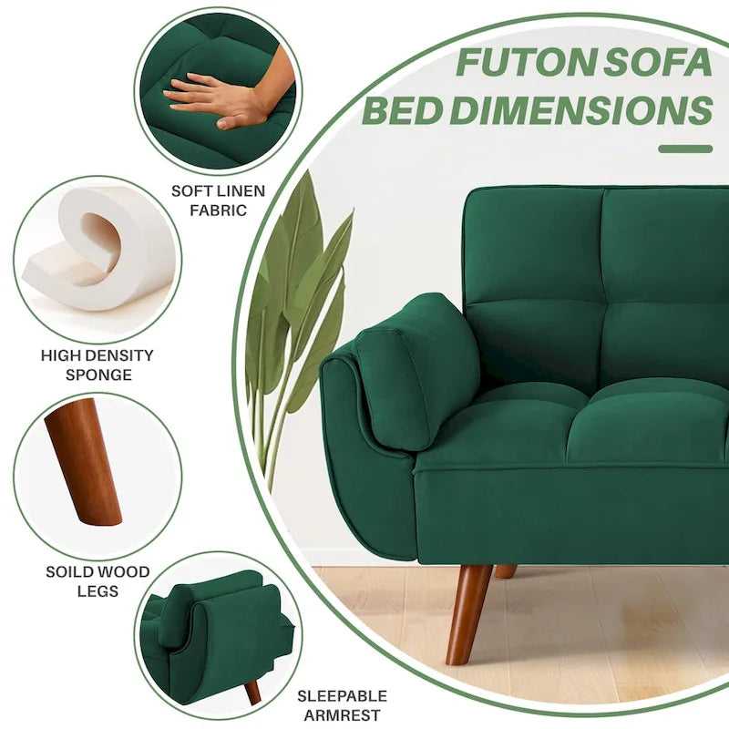 Canapé-lit futon convertible 4 couleurs avec dossier inclinable et 2 accoudoirs oreillers pour 2 personnes