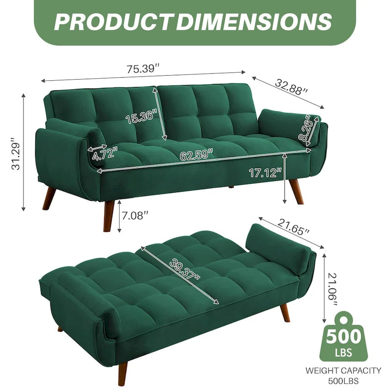 Canapé-lit futon convertible 4 couleurs avec dossier inclinable et 2 accoudoirs oreillers pour 2 personnes